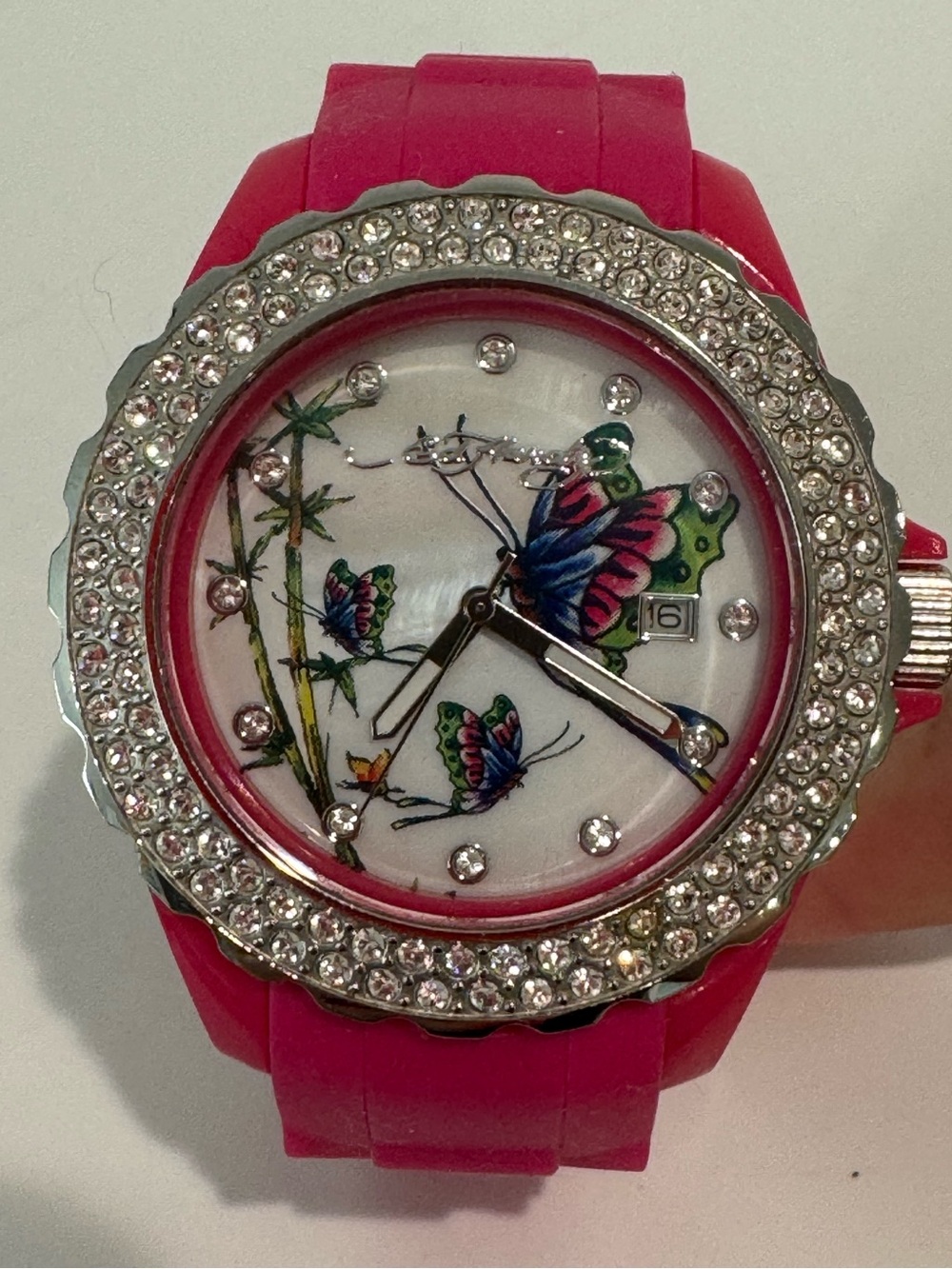 Ed Hardy love kills slowly Watch Women 42mm Pave Silver Tone Pink Butterfly